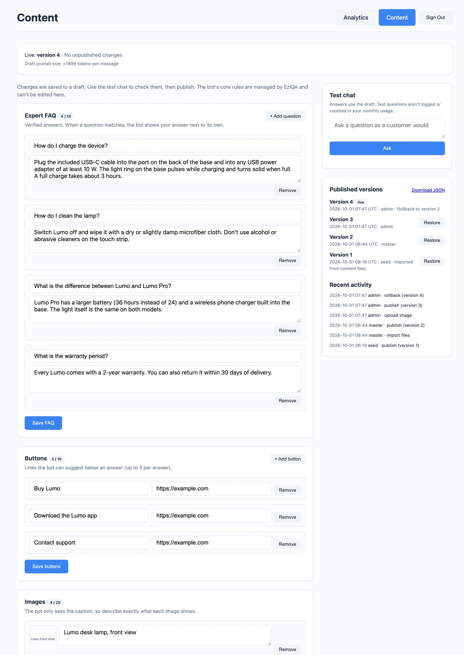 Content editor in the EziQA dashboard